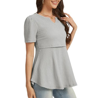 Bearsland Short Sleeve Nursing Top 3pack - color: Black & Silver Gray & Sand Brown, size: Small