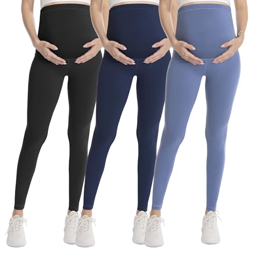 Over‑Belly Maternity Leggings, Soft Stretch Yoga Pants - color: 3 Packs-black/Navy Blue/Blue, size: X-Large