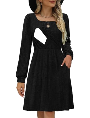 CzzzyL Womens Nursing Fall Dresses Square Neck Knit Sweater with Pockets - color: Black, size: Large