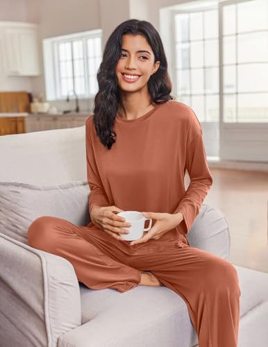 Ekouaer Lounge Sets for Women Long Sleeve Pajamas Fall Loungewear - color: Camel, size: X-Large