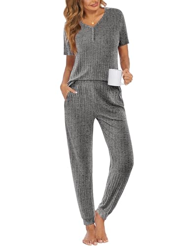 Ekouaer Pajama Sets for Womens 2 Piece Jogger Pants Lounge Set - color: Gray, size: XX-Large