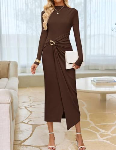 ZESICA Womens Fall Long Sleeve Wedding Guest Midi Dresses - color: Brown, size: Medium