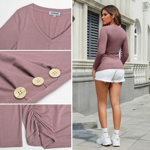 GINKANA Maternity Shirt Long Sleeve Basic Top Ruch Sides Buttons Tshirt for Pregnant - color: Mauve, size: X-Large