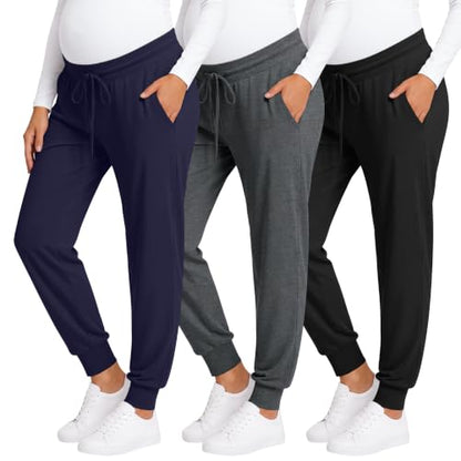 3 Pack Women Maternity Pants Pregnancy Lounge Jogger - color: Black, Dark Gray, Navy Blue, size: Large