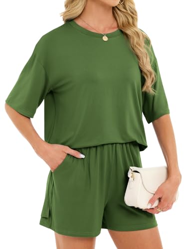 Women's 2 Piece Short Sets Loose Lounge Sets Summer Matching Sets - color: Green, size: X-Large