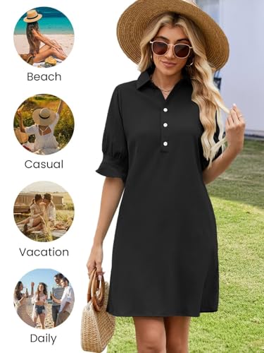 FEKOAFE Womens Casual Dress V Neck Short Sleeve Shift Dresses with Pockets - color: Aa-black, size: Small