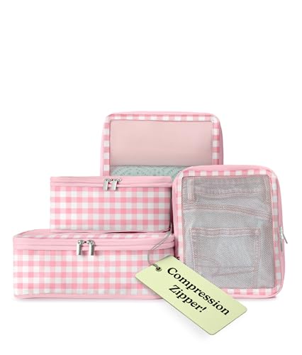 Vandel Space-Saving Compression Packing Cubes for Kids & Women, Carry On - color: 4. Pink Gingham, size: 4 Pack (Compression)