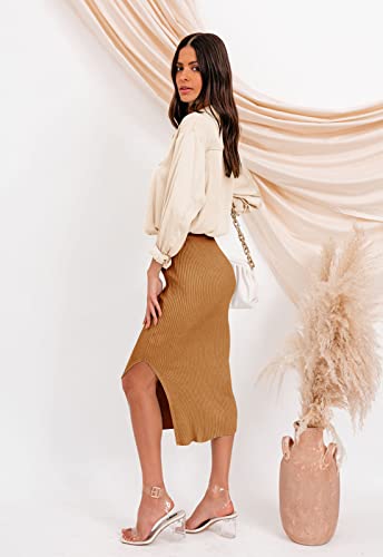 HERBATOMIA Midi Pencil Basic Skirt Casual Solid Split Side Stretchy Ribbed Knit Bodycon Mid Length Skirts for Women - color: Camel, size: Small