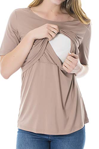 Smallshow Women's Maternity Nursing Tops Short Sleeve Breastfeeding Clothes - color: Brown/Black/Grey, size: Small