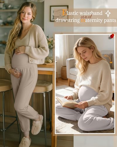 3 Pack Womens Maternity Pants Loose Pregnancy Joggers - color: Oatmeal Color, Apricot, Coffee, size: Medium