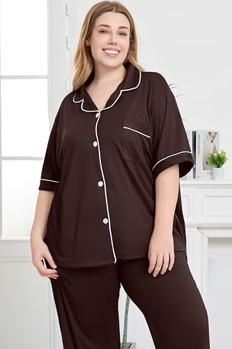 Women Plus Size Button Down Pajamas Long Pants Lounge Sets PJS - color: Brown, size: XX-Large