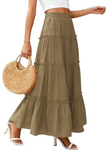PRETTYGARDEN Women's Boho Tiered Ruffle Flowy Maxi Skirt - color: Army Green, size: Medium