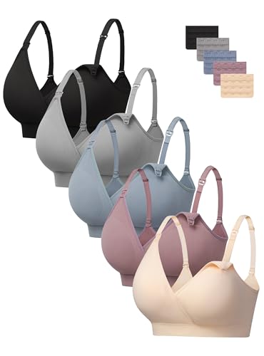 HBselect Nursing Bras for Breastfeeding, Seamless Maternity Bra Wireless - color: A: 5 Pack(black/Grey/Beige/Dusty Blue/Purplebean), size: XX-Large