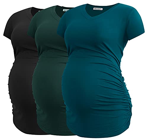 Smallshow Women's V Neck Maternity Clothes Tops Side Ruched Pregnancy T Shirt - color: Black-deep Green-teal(3 Pack), size: Large