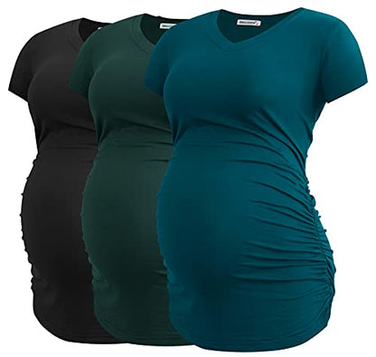 Smallshow Women's V Neck Maternity Clothes Tops Side Ruched Pregnancy T Shirt - color: Black-deep Green-teal(3 Pack), size: Small