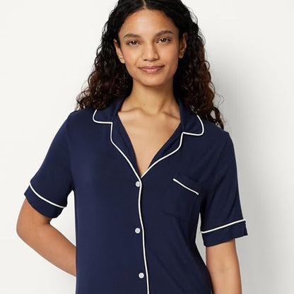 Amazon Essentials Women's Modal-Blend Nightgown, Short Sleeve Button-Down - color: Navy, size: Small