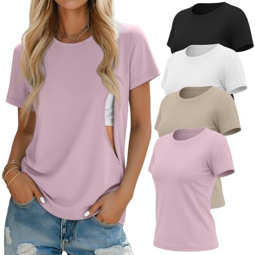 Oakgarden 4 Pack Nursing Breastfeeding Shirts - color: Purple, Light Khaki, White, Black, size: Small