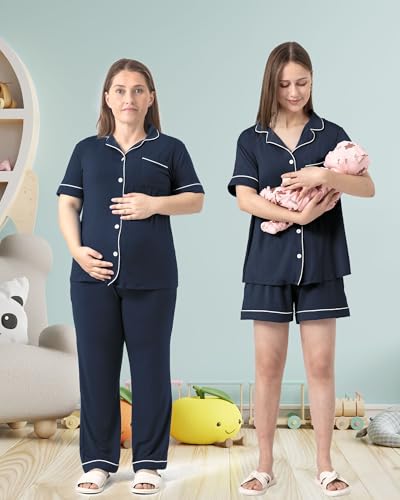 Rnxrbb Button Down Maternity Pajamas Set Nursing Postpartum Pjs Clothes - color: New-navy Blue, size: X-Small