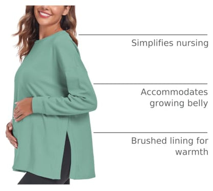 Ecavus Women's Maternity Shirts Long Sleeve Side Split Pregnancy Top - color: Green, size: Small