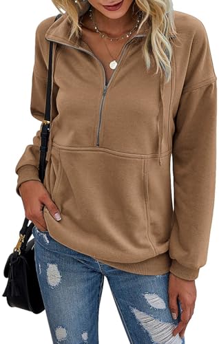 PRETTYGARDEN Women's Casual Long Sleeve Sweatshirt Half Zip Pullover Tops - color: Coffee, size: Large