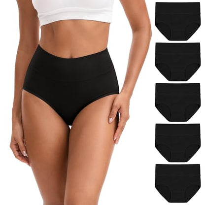 INNERSY Women's High Waisted Underwear Cotton Panties Regular & Plus Size 5-Pack - color: Solid Black, size: 4X-Large