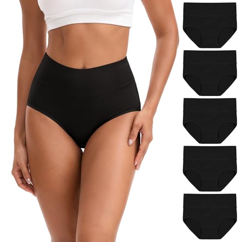 INNERSY Women's High Waisted Underwear Cotton Panties Regular & Plus Size 5-Pack - color: Solid Black, size: 5X-Large