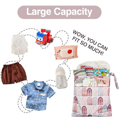 2pcs Waterproof Cloth Diaper Wet Dry Bags with Two Zippered Pockets - color: Pink Rainbows