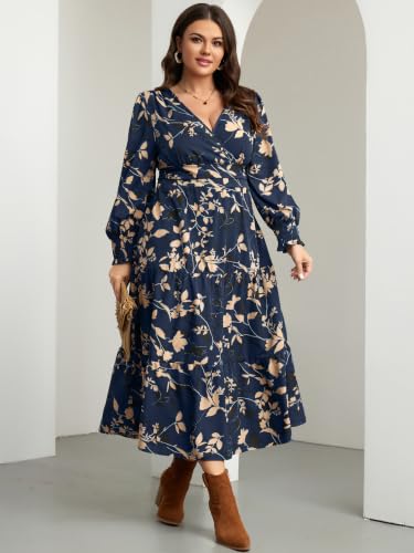 RWJ Women's Plus Size Fall Wedding Guest Dress Long Sleeve Maxi with Pocket - color: Navy Blue Floral, size: 3X-Large Plus
