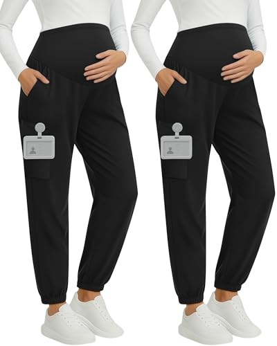 Oakgarden 2 Pack Women's Maternity Scrub Pants Pregnancy Scrubs - color: Black, Black, size: Medium