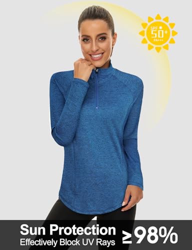 LURANEE Womens UPF 50+ Long Sleeve 1/4 Zip Pullover Athletic Hiking Running Workout Tops - color: Dark Blue, size: Small
