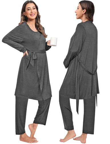 SWOMOG Maternity Nursing Robe Set 3 PCS Women Postpartum Pajamas Breastfeeding Labor Delivery Hospital Pregnancy Pjs - color: Deep Grey, size: XX-Large