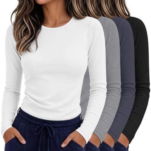 4 Pack Womens Crew Neck Long Sleeve Underscrub Shirts - color: Black, Dark Gray, Light Gray, White, size: Medium