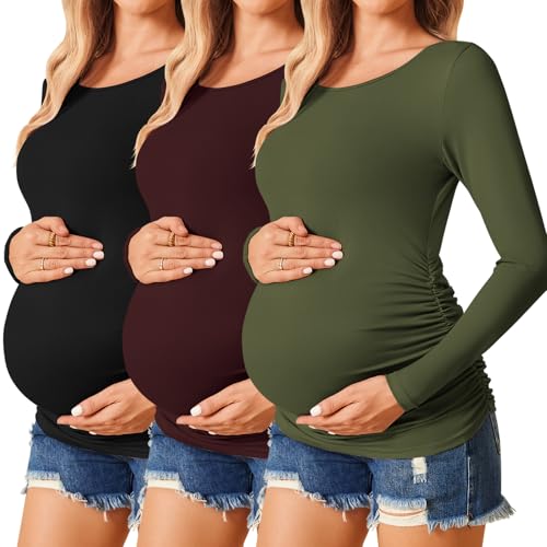 Ekouaer 3/4 Pack Womens Maternity Shirts Long Sleeve Pregnancy Tops - color: 3pcs Black / Burgundy Red / Army Green, size: Large