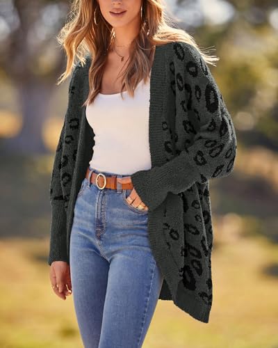 BTFBM Leopard Cardigan for Women Knit Fall Fashion Clothes - color: Dark Grey, size: Large