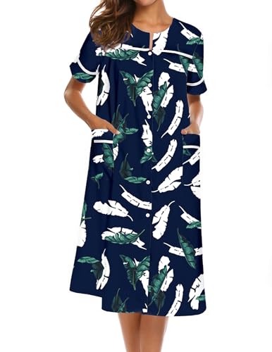 Ekouaer House Dress for Women with Pockets Duster Button Down Nightgown - color: Hawaiian Leaves, size: Medium
