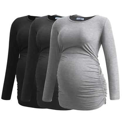 Smallshow Women's Maternity Shirts Long Sleeve Pregnancy Clothes Tops 3-Pack - color: Black-deep Grey-light Grey(3 Packs), size: Medium