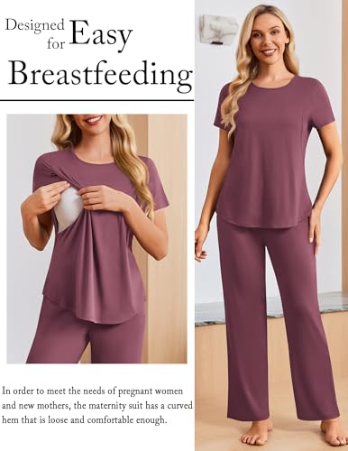 Ekouaer 3 Piece Maternity Nursing Pajamas Set Short Sleeve Breastfeeding Pjs - color: Burgundy, size: Medium