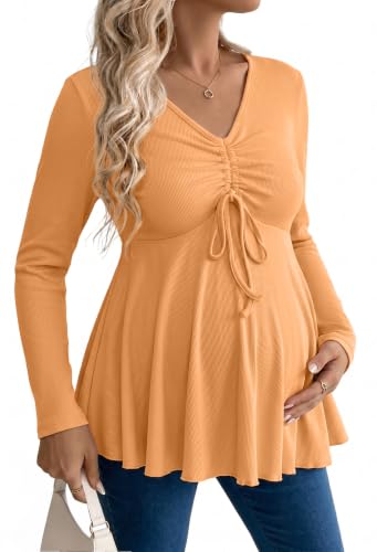 Genhoo Womens Long Sleeve Maternity Tops Ribbed V Neck Maternity Shirts - color: Caramel, size: Large