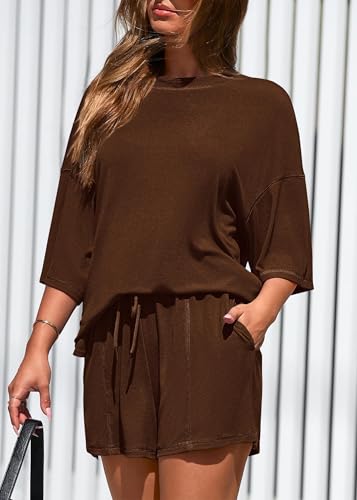 KIRUNDO 2 Piece Sets for Women Summer Lounge Sets Casual - color: Light Coffee, size: Small