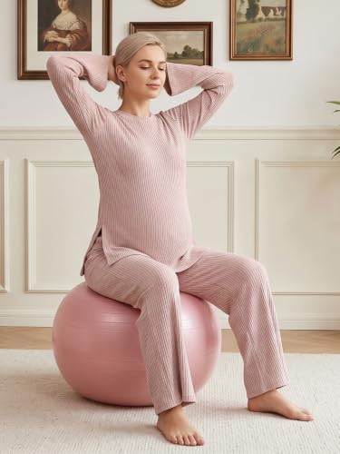 BLENCOT Maternity 2 Piece Outfits Ribbed Knit Long Sleeve Sets - color: Pink, size: Small