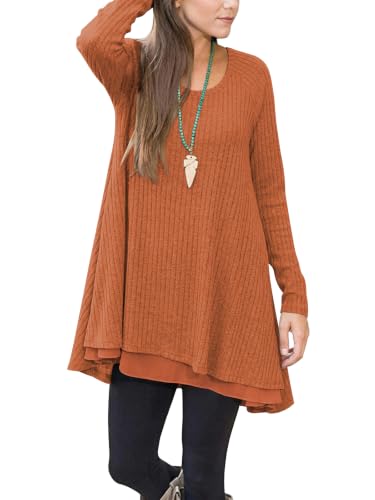 Poetsky Womens Long Sleeve Tunic Tops Fall Long Shirts Sweater with Pockets - color: Caramel, size: Medium