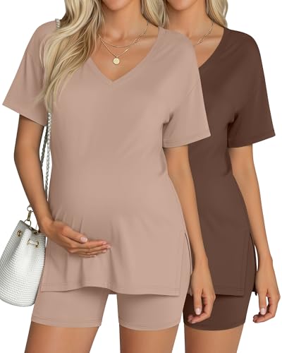 2 Pack Women Maternity Set Pregnancy Outfit - color: Apricot, Coffee, size: Medium