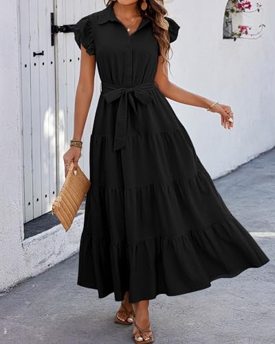 dowerme Women Ruffle Sleeve Button Belted Boho Maxi Dress - color: Black, size: XX-Large