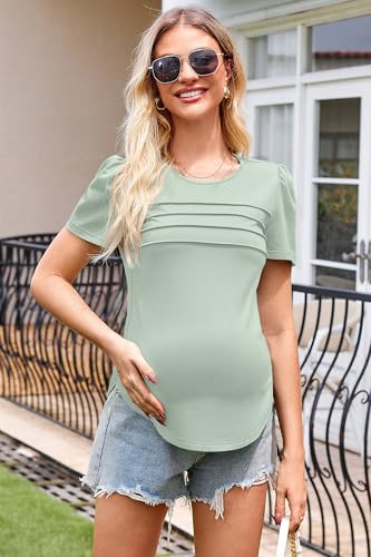 OUGES Womens 2026 Maternity Tops Shirts Pleated Short Sleeve Crew Neck Tunic Summer Casual Pregnancy Clothes - color: Grey Green, size: Small