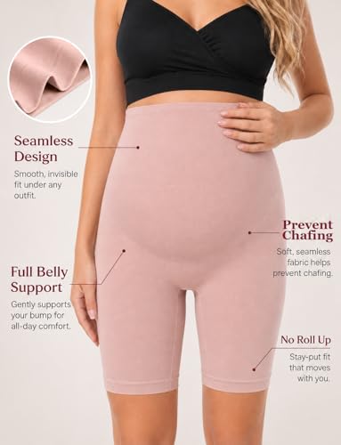 HOFISH Seamless Over-the-Bump Maternity Shapewear, High-Waisted Support - color: No Roll Up：black & Pink, size: Large