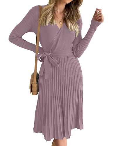 ZESICA Women's Long Sleeve Wrap Sweater Midi Dress with Belt - color: Darkviolet, size: X-Large