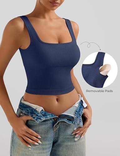 OLCHEE Womens 2 Pack Crop Tank Tops Square Neck Workout Top Padded - color: Beige + Navy, size: X-Small