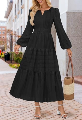 MEROKEETY Womens Fall Puff Long Sleeve Casual V Neck Modest Midi Maxi Dress - color: Black, size: X-Large