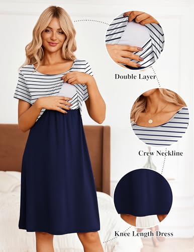 Maternity Summer Dress Breastfeeding Nursing Friendly Pregnancy Dresses - color: Navy-navy Stripe, size: Medium