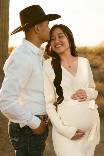 OUGES 2025 Maternity Sweater Nursing Dress for Photoshoot Baby Shower Wedding Guest Outfits Fishtail Ribbed Knit Clothes - color: Apricot, size: Large